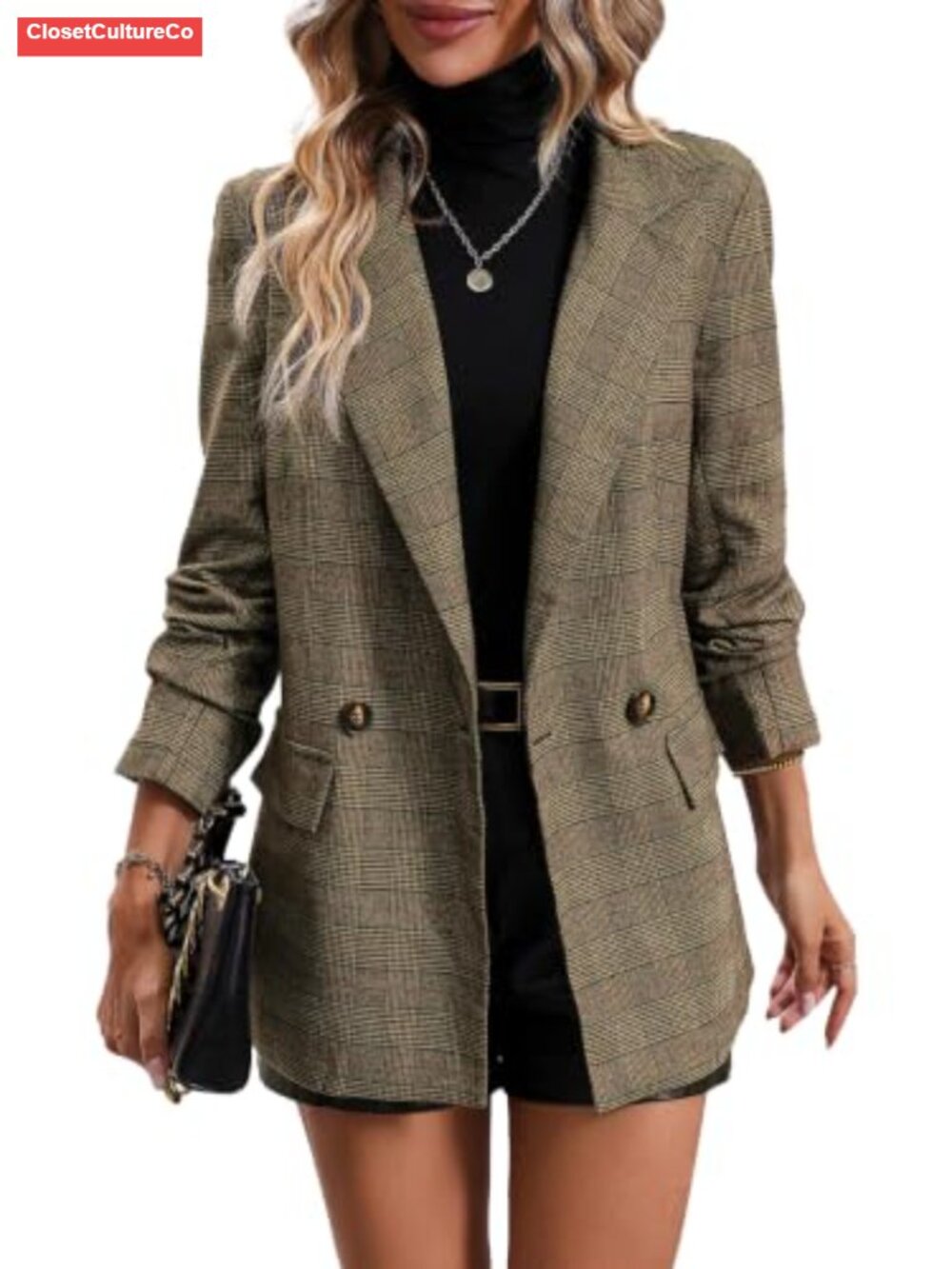 Women's Tweed Plaid Houndstooth Blazer Double-Breasted Business Casual Jacket